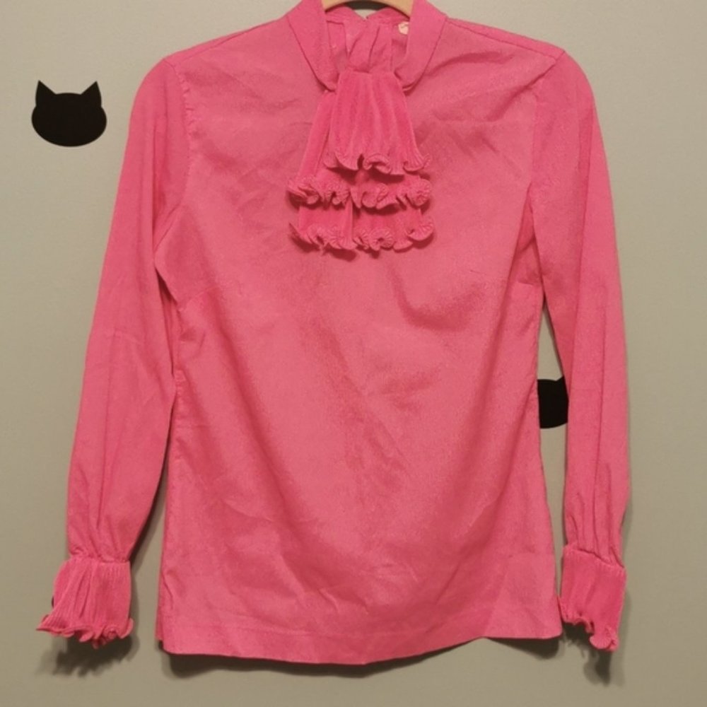 Vintage 1960s Blouse Pleated Ruffled Jabot Pink Medium